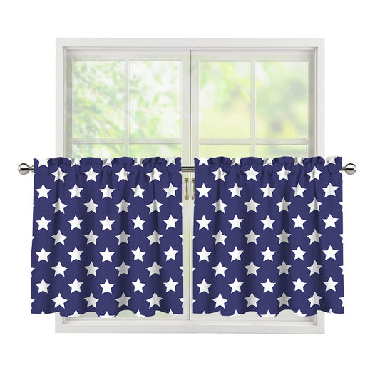 Blue And White USA Star Pattern Print Tier Curtains