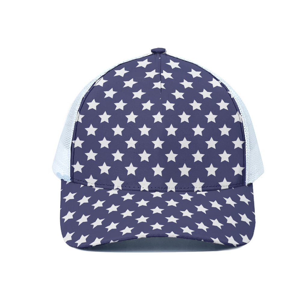 Blue And White USA Star Pattern Print White Mesh Trucker Cap