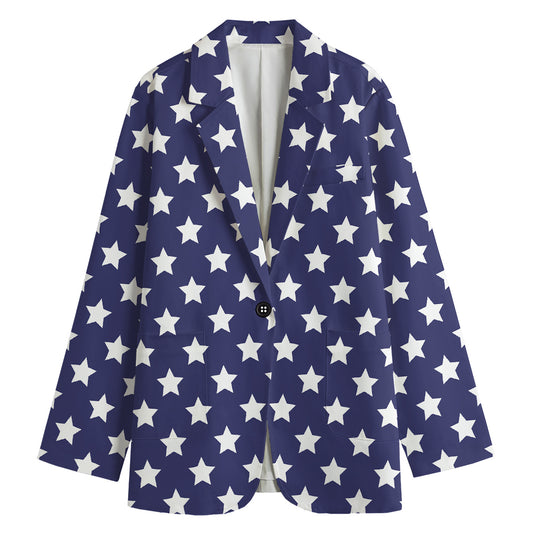 Blue And White USA Star Pattern Print Women's Cotton Blazer