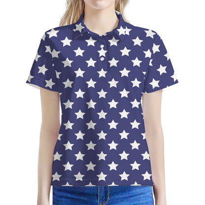 Blue And White USA Star Pattern Print Women's Polo Shirt