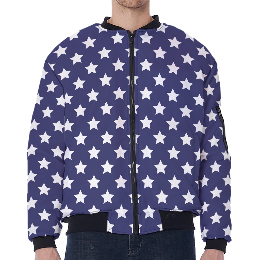 Blue And White USA Star Pattern Print Zip Sleeve Bomber Jacket