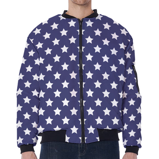 Blue And White USA Star Pattern Print Zip Sleeve Bomber Jacket