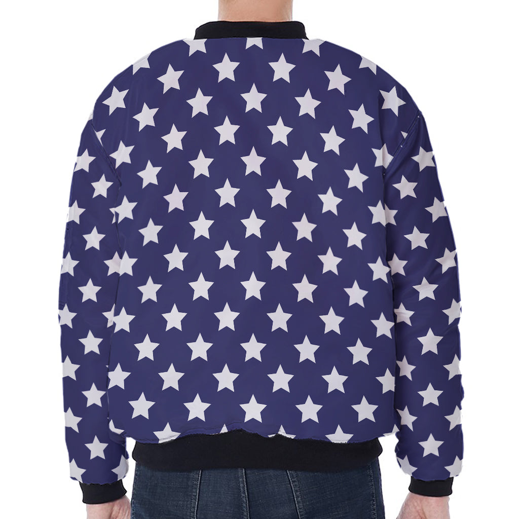 Blue And White USA Star Pattern Print Zip Sleeve Bomber Jacket