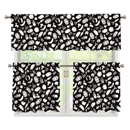 Blue And White Vegan Pattern Print 3 Piece Kitchen Curtains