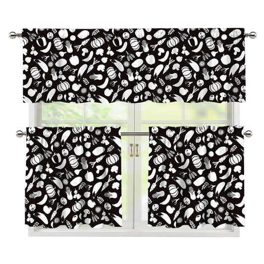 Blue And White Vegan Pattern Print 3 Piece Kitchen Curtains