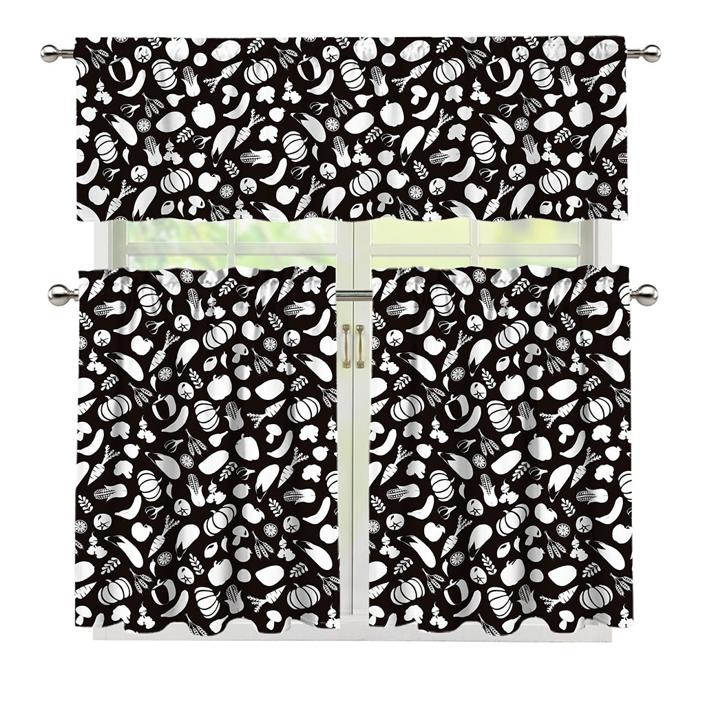 Blue And White Vegan Pattern Print 3 Piece Kitchen Curtains