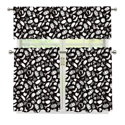 Blue And White Vegan Pattern Print 3 Piece Kitchen Curtains