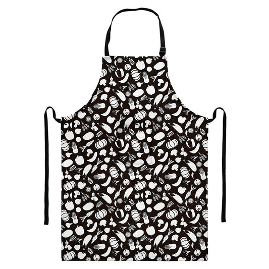 Blue And White Vegan Pattern Print Bib Apron With Pocket