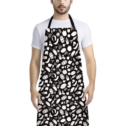 Blue And White Vegan Pattern Print Bib Apron With Pocket