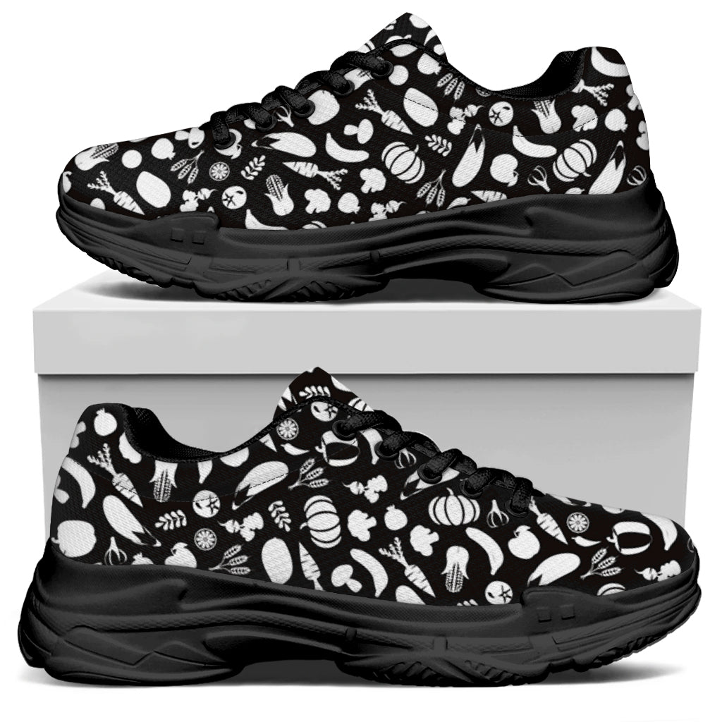 Blue And White Vegan Pattern Print Black Chunky Shoes