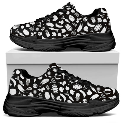 Blue And White Vegan Pattern Print Black Chunky Shoes
