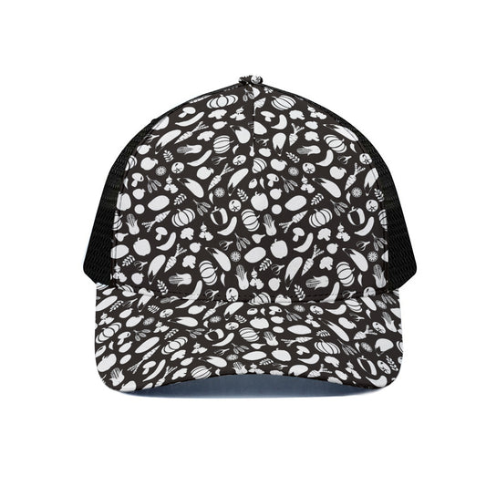 Blue And White Vegan Pattern Print Black Mesh Trucker Cap