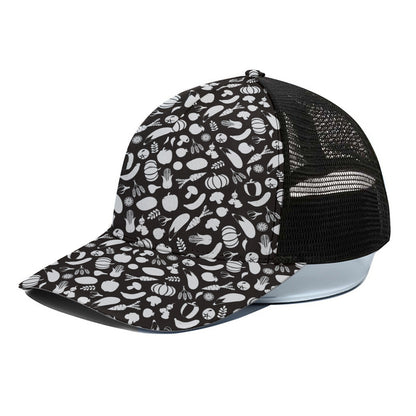 Blue And White Vegan Pattern Print Black Mesh Trucker Cap