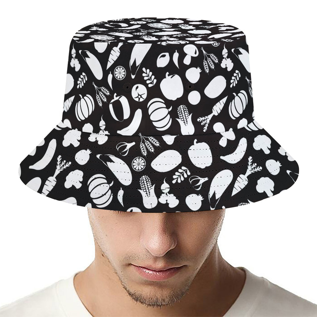 Blue And White Vegan Pattern Print Bucket Hat