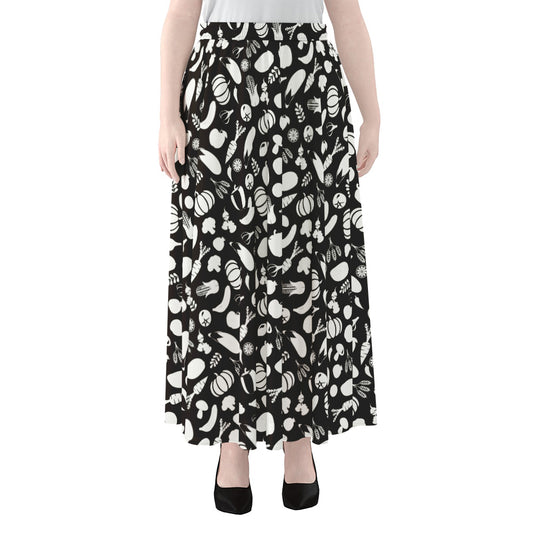 Blue And White Vegan Pattern Print Chiffon Maxi Skirt