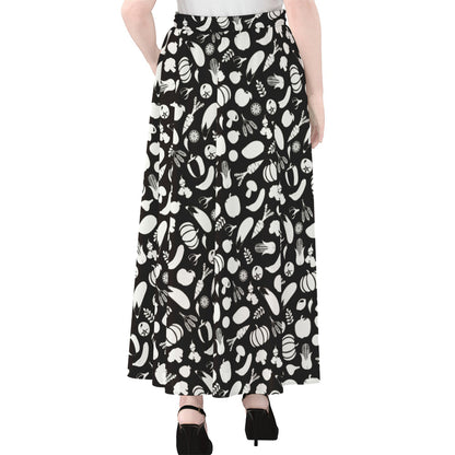 Blue And White Vegan Pattern Print Chiffon Maxi Skirt