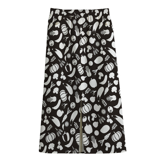Blue And White Vegan Pattern Print Cotton Front Slit Maxi Skirt