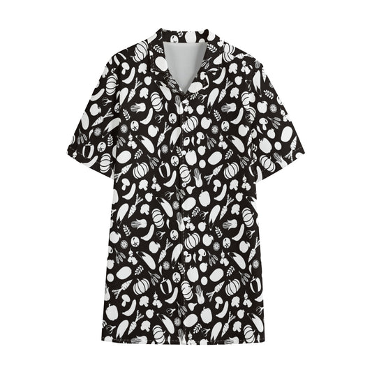 Blue And White Vegan Pattern Print Cotton Hawaiian Shirt