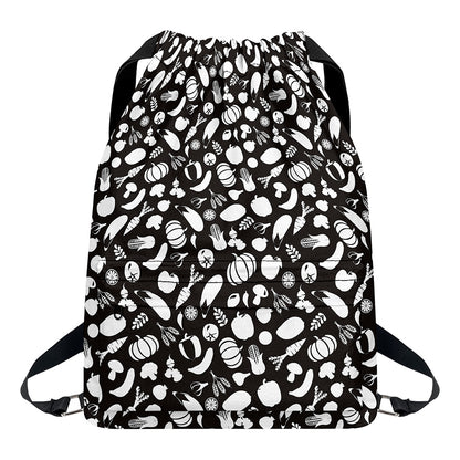 Blue And White Vegan Pattern Print Drawstring Backpack