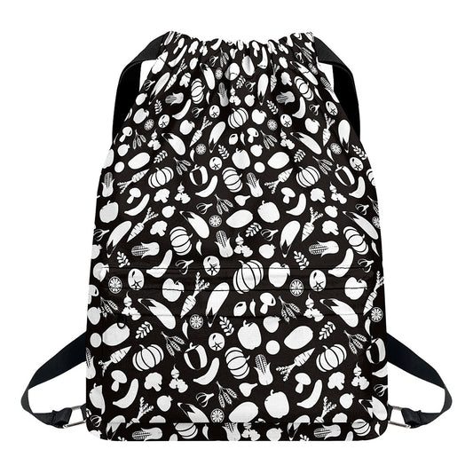 Blue And White Vegan Pattern Print Drawstring Backpack