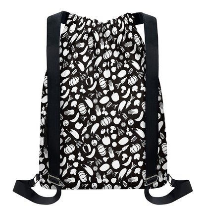 Blue And White Vegan Pattern Print Drawstring Backpack