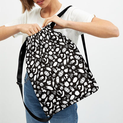 Blue And White Vegan Pattern Print Drawstring Backpack