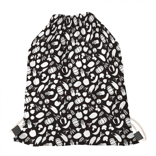 Blue And White Vegan Pattern Print Drawstring Bag