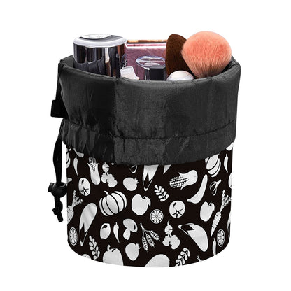 Blue And White Vegan Pattern Print Drawstring Makeup Bag