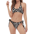 Blue And White Vegan Pattern Print Halter Scoop Tie Side Bikini