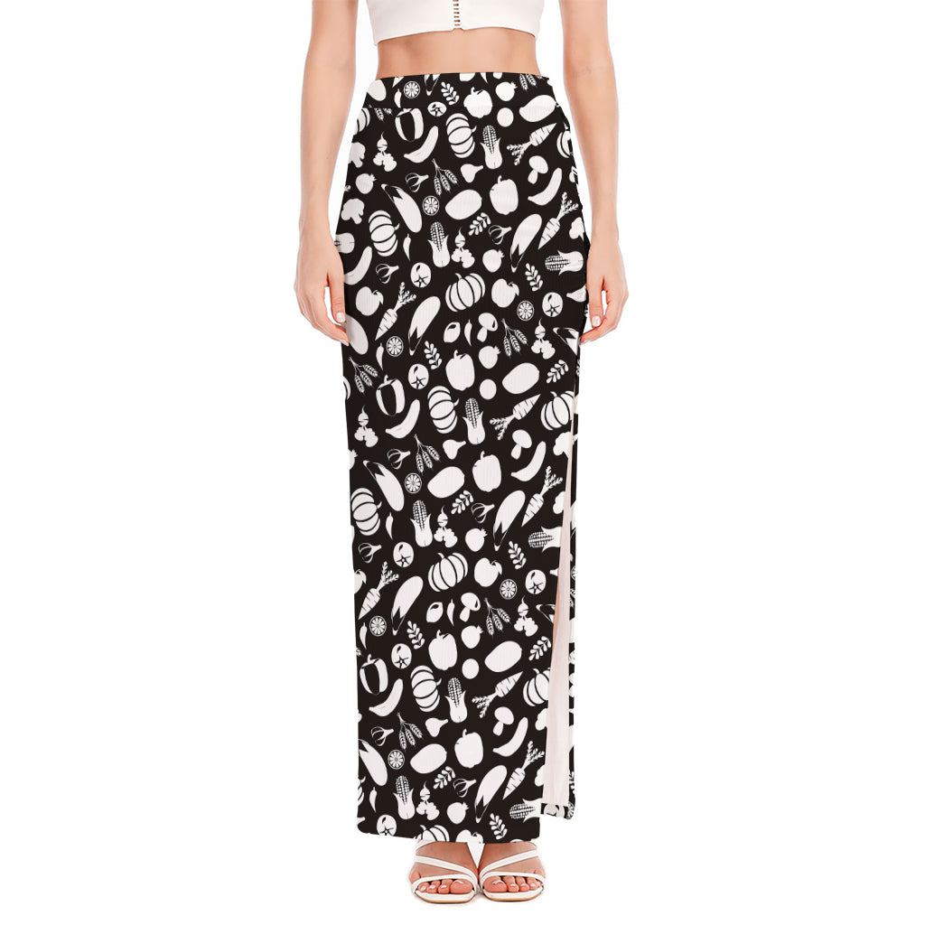 Blue And White Vegan Pattern Print High Slit Maxi Skirt