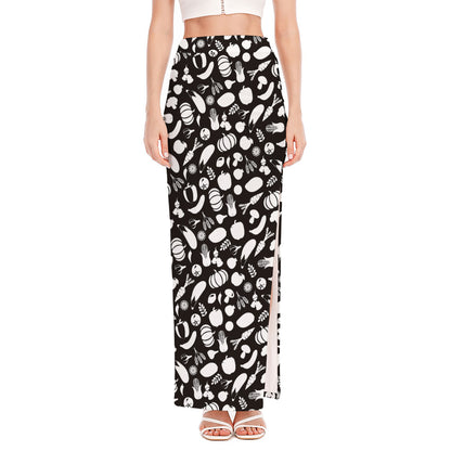 Blue And White Vegan Pattern Print High Slit Maxi Skirt