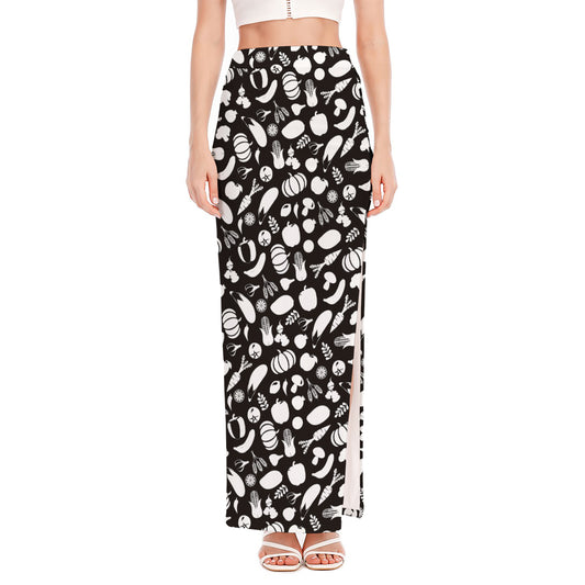 Blue And White Vegan Pattern Print High Slit Maxi Skirt