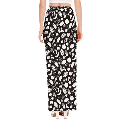 Blue And White Vegan Pattern Print High Slit Maxi Skirt