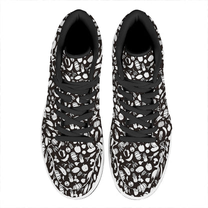 Blue And White Vegan Pattern Print High Top Leather Sneakers