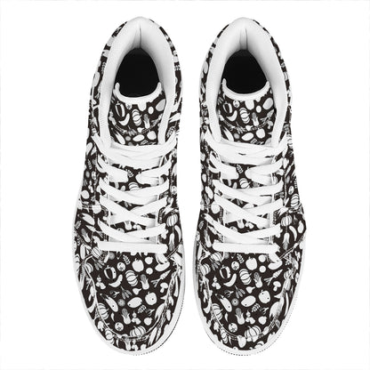 Blue And White Vegan Pattern Print High Top Leather Sneakers