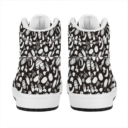 Blue And White Vegan Pattern Print High Top Leather Sneakers