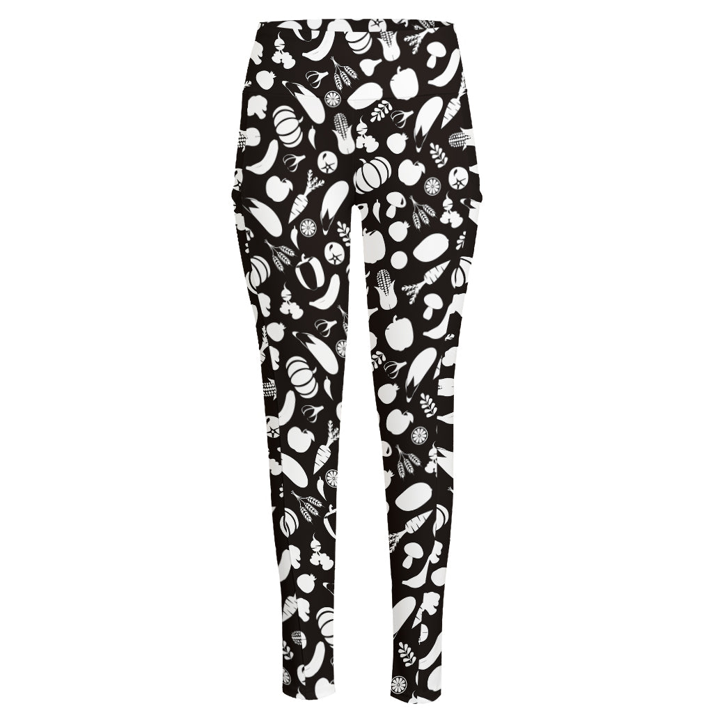Blue And White Vegan Pattern Print High-Waisted Pocket Leggings
