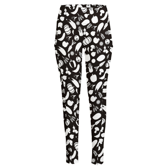 Blue And White Vegan Pattern Print High-Waisted Pocket Leggings