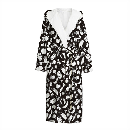 Blue And White Vegan Pattern Print Hooded Bathrobe