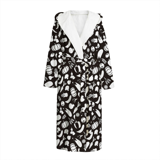 Blue And White Vegan Pattern Print Hooded Bathrobe