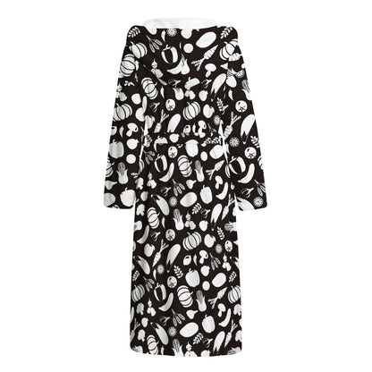 Blue And White Vegan Pattern Print Hooded Bathrobe