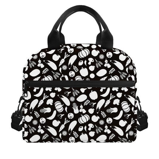 Blue And White Vegan Pattern Print Insulated Lunch Bag