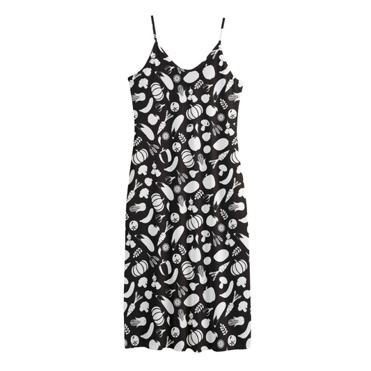 Blue And White Vegan Pattern Print Jersey Midi Cami Dress