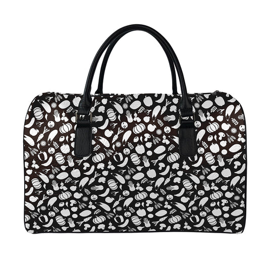 Blue And White Vegan Pattern Print Leather Duffle Bag