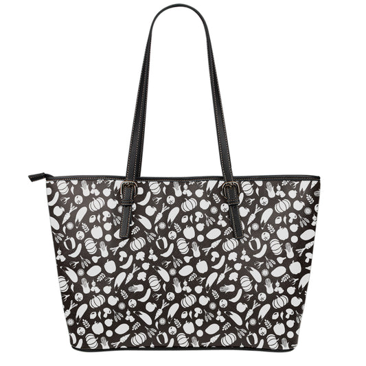 Blue And White Vegan Pattern Print Leather Tote Bag