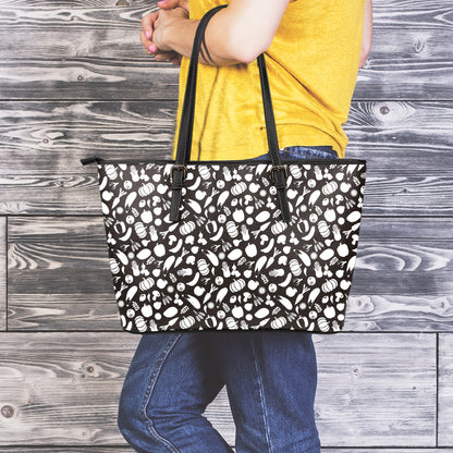 Blue And White Vegan Pattern Print Leather Tote Bag