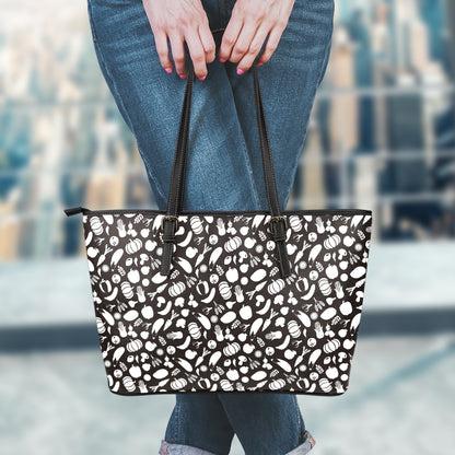 Blue And White Vegan Pattern Print Leather Tote Bag