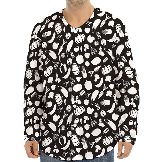Blue And White Vegan Pattern Print Long Sleeve Baseball Jersey
