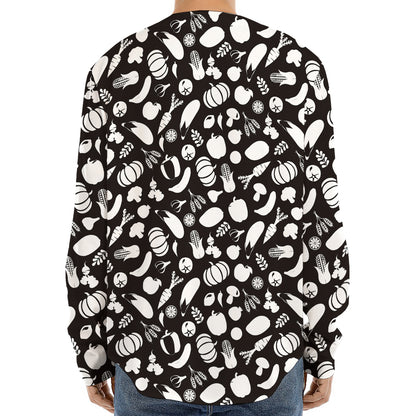 Blue And White Vegan Pattern Print Long Sleeve Baseball Jersey