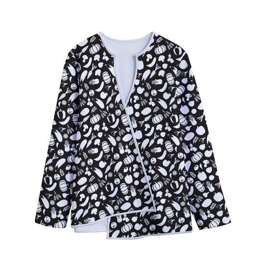 Blue And White Vegan Pattern Print Long Sleeve Short Coat